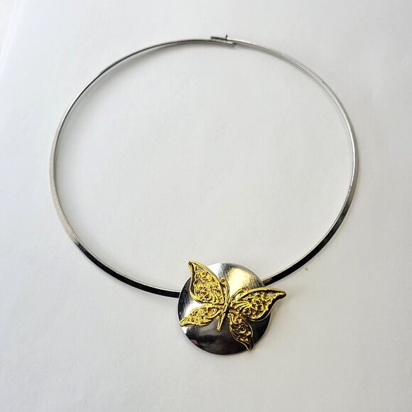 Gold Plated Butterfly Pendant Collar Necklace Rhodium and Gold Butterfly Pendant - Picture 4 of 8